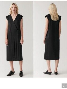 Cos,Black V-Neck Pleated Midi Dress - Elegant Minimalist